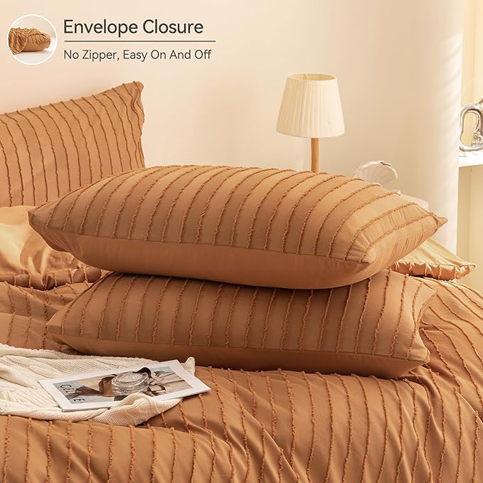 JELLYMONI Duvet Cover King Size Rust - 3PCS Boho Striped Duvet Cover Set Polyester Tufted Bohemian Textured Comforter Cover 104×90in with Corner Ties & Zipper and 2 Pillowcases