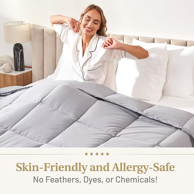 Lavish Comforts® Gray King Comforter – Fluffy Down Alternative Duvet Insert, Light Gray Comforter, All-Season Bedding, Hypoallergenic, Machine Washable, King Duvet Insert w/Corner Loops