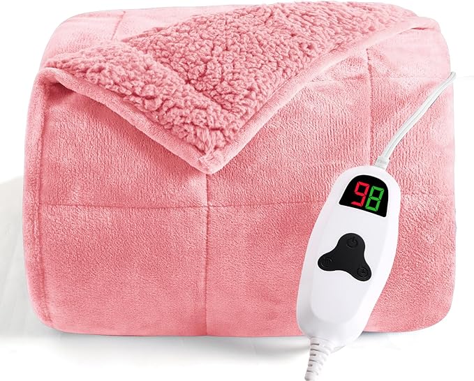 CYMULA Heated Weighted Blanket for Adults, Weighted Heated Blanket 48" x 72", 15lbs Sherpa Fleece Weighted Electric Blanket Soft Heating Blanket with 10 Heating Levels & 1-8 Hours Auto Off, Pink