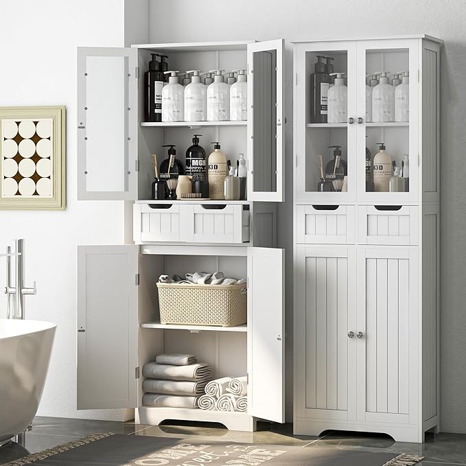 67" Tall White Bathroom Cabinet Storage Cabinet, Freestanding Storage Cabinet with Glass Door and Adjustable Shelves, Bathroom Cabinet for Living Room, Kitchen, Dining, White