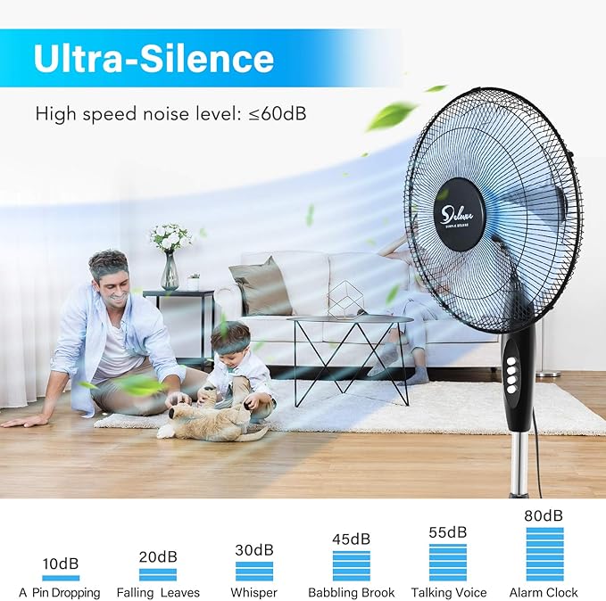 Simple Deluxe Oscillating 16'' 3 Adjustable Speed Pedestal Stand Fan for Indoor, Bedroom, Living Room, Home Office & College Dorm Use, 16 Inch, Black