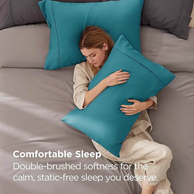 Bedsure King Size Pillow Cases Set of 2 - Teal Brushed Microfiber Pillowcases 2 Pack, Super Soft Pillow Case Cover with Envelope Closure, Wrinkle, Fade and Stain Resistant, 20x36 Inches