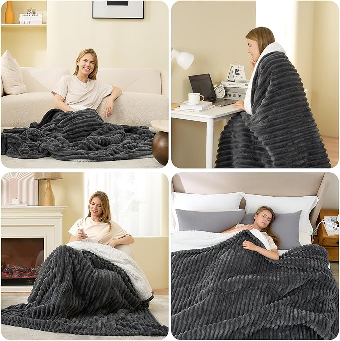 Hansleep Heated Blanket Electric Throw Full Size, Heating Blanket with 9 Heating Levels and 10-Hour Timer Auto Shut Off, Washable Soft Warm Winter Blanket, 72 x 84 Inches, Dark Grey