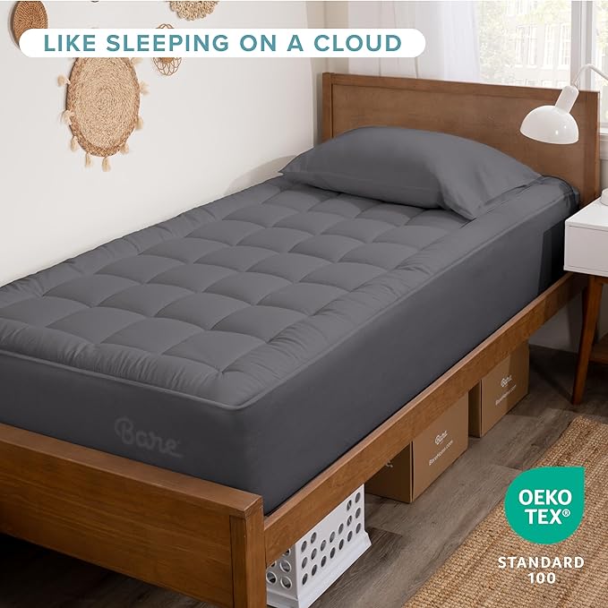 Bare Home Mattress Topper Cotton Top - Twin Extra Long - Plush Topper for Mattress - College Dorm Room Essentials - Cooling Breathable Air Flow - 8" to 21" Deep Pocket - Soft Bed Pad (Twin XL, Grey)