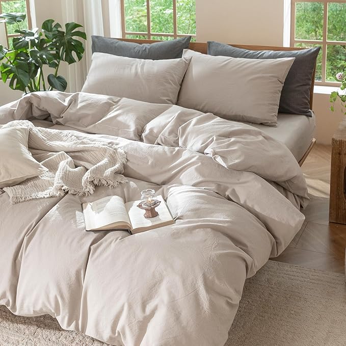 MooMee Bedding Duvet Cover Set 100% Washed Cotton Linen Like Textured Breathable Durable Soft Comfy (Solid Light Tan, Super Queen 90"x98")