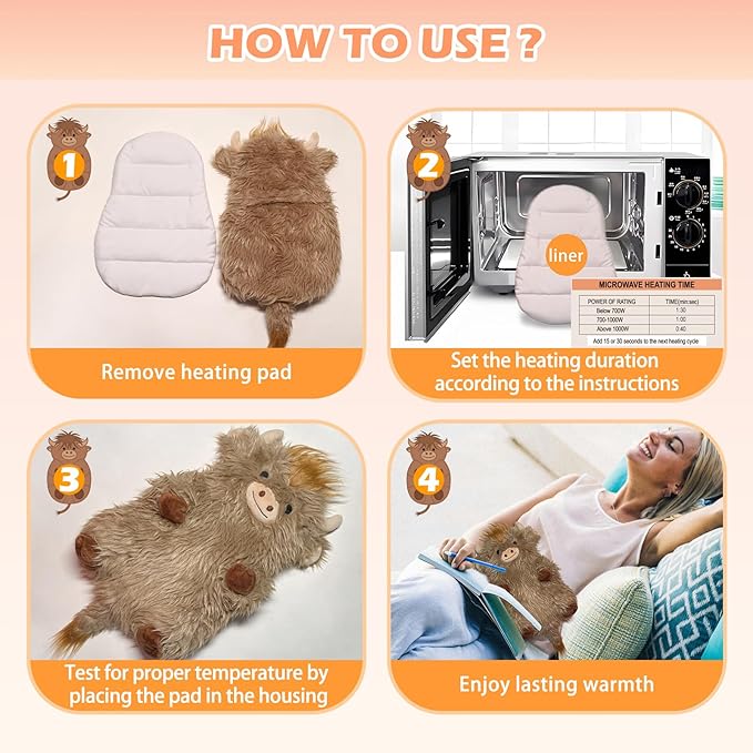 Microwave Heating Pad for Period Cramps Weighted Highland Cow Cute Stuffed Animal Removable Heated for Menstrual Adorable Plush Microwavable Heat Pack for Pain Relief Gifts for Kids Girls unscented