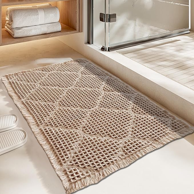 ZALL Tan Waffle Bath Mat,Super Absorbent Non Slip Bathroom Rug,Brown 24x48inch, Geometric Diamond Machine Washable Ultra Soft Floor Mats