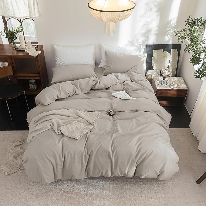 FOSSA Duvet Cover Set 100% Washed Cotton Linen Feel Super Soft Breathable Cozy Simple Style 3 Pieces Bedding Sets Solid Cream Grey Oversized King Plus