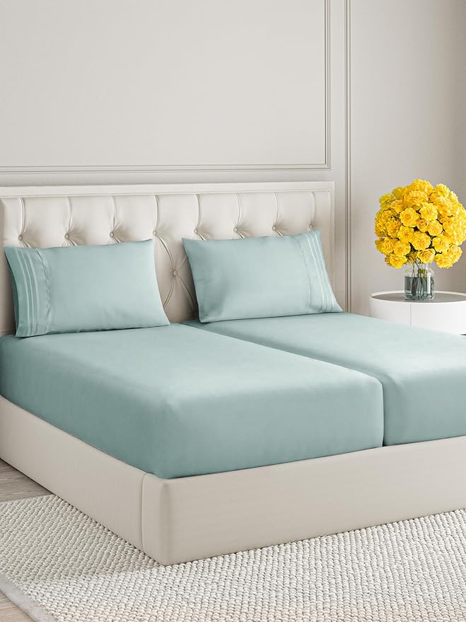 Split King Size 5 Piece Sheet Set - Extra Soft, Breathable And Cooling Sheets - Hotel Luxury Bed Sheets for Women & Men - Deep Pockets, Easy-Fit & Wrinkle-Free Sheets - Light Teal Oeko-Tex Bed Sheets