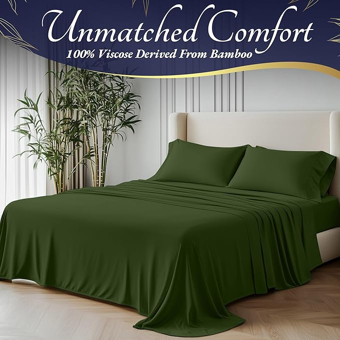 DECOLURE 100% Viscose Derived from Bamboo Sheets Cal King Size 4pcs - Ultra Soft & Luxuriously Cooling, 17" Deep Pocket, Double Stitching, Perfect for Hot Sleepers - King Bed Sheets (Olive)
