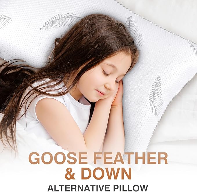 Goose Feather Pillows Bed Pillow - Hotel Down Pillows Queen Size Set of 2, Ultra Soft Bed Pillow for Sleeping, Fluffy Support Surround Fill Polyester for Back, Stomach, Side Sleepers