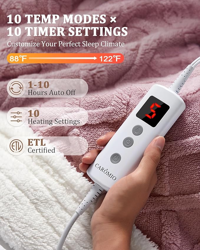 CAROMIO Heated Throw Blanket - Thick Tufted Sherpa Electric Blanket Throw with 10 Heating Levels and 10 Time Settings, ETL Certified Machine Washable Fast Heating Blanket Throw 50"×60", Dusty Pink
