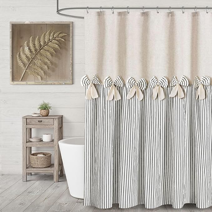 Farmhouse Shower Curtain Linen Bow Woven Fabric Country Rustic Western, Pleated Black Stripe 72" W x 72" L