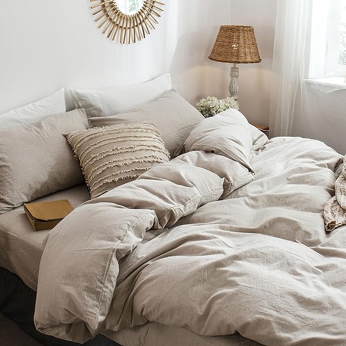 MooMee Bedding Duvet Cover Set 100% Washed Cotton Linen Like Textured Breathable Durable Soft Comfy (Heathered Tannish Linen Grey, Palatial King/Oversized King 120"x98")