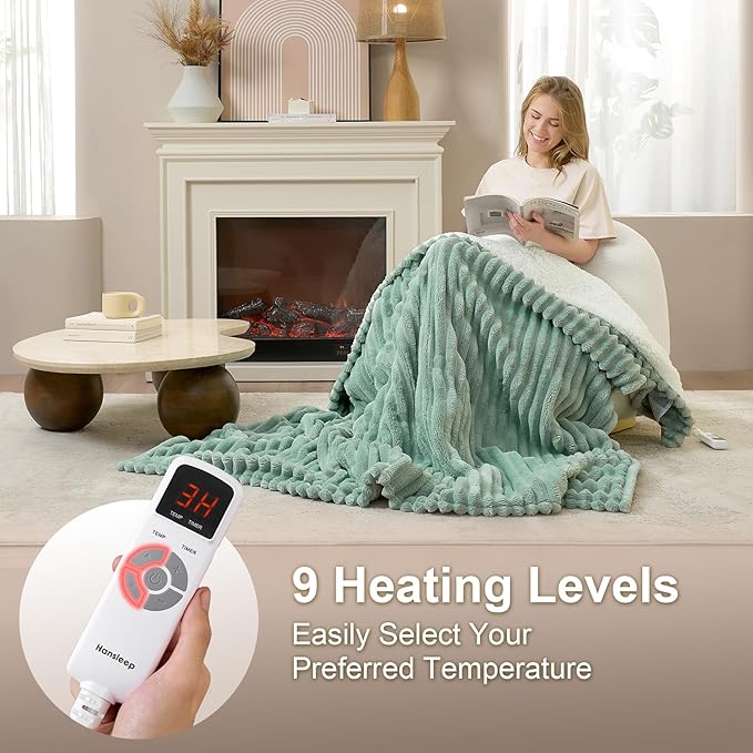 Hansleep Heated Blanket Electric Throw Full Size, Heating Blanket with 9 Heating Levels and 10-Hour Timer Auto Shut Off, Washable Soft Warm Winter Blanket, 72 x 84 Inches, Green