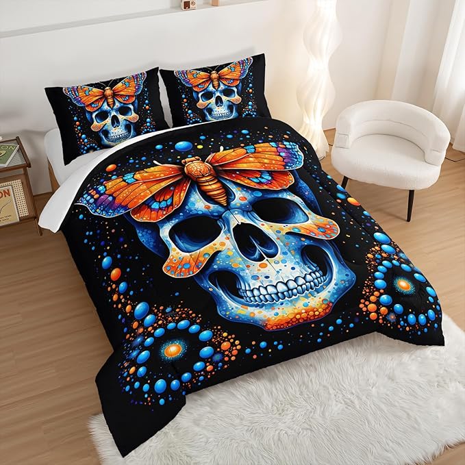 Gothic Skull Comforter Set, King Size, Blue Orange Granular Ball Butterfly Printed Bedding, Halloween Horror Themed, Gothic Bedding with 2 Pillowcases