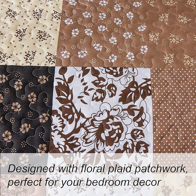Mybedsoul Patchwork Quilt Set Queen Size,3 Pieces Brown Floral Plaid Patchwork Reversible Bedspread Coverlet Set for All Season,Summer Soft Microfiber Bedding Set Queen 90"x96"