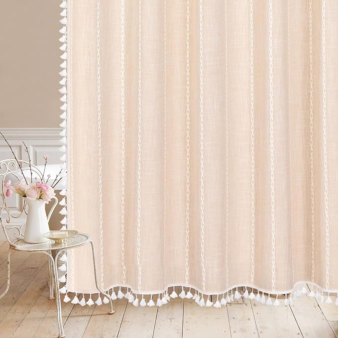 MitoVilla Beige Boho Farmhouse Shower Curtain, Cream Modern Cotton Linen Fabric Shower Curtains for French Country Bathroom Decor, Retro Tassel Thick Cloth Shower Curtain, 72 x 72