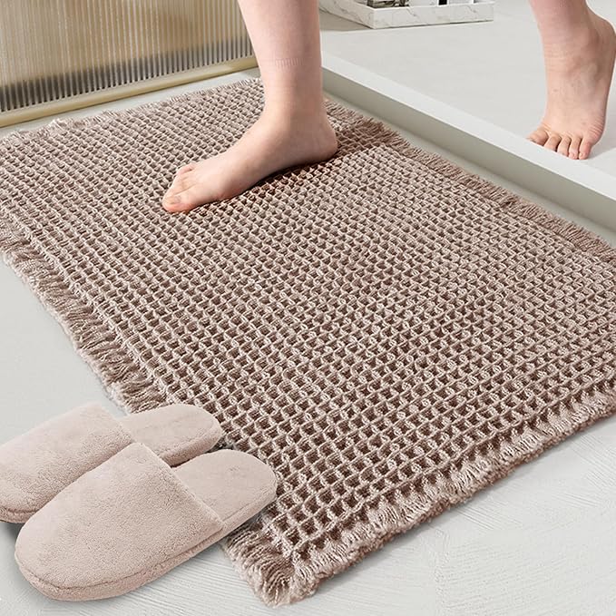 ZALL Tan Waffle Bath Mat,Super Absorbent Non Slip Bathroom Rug,Brown 24x48inch,Machine Washable Ultra Soft Floor Mats