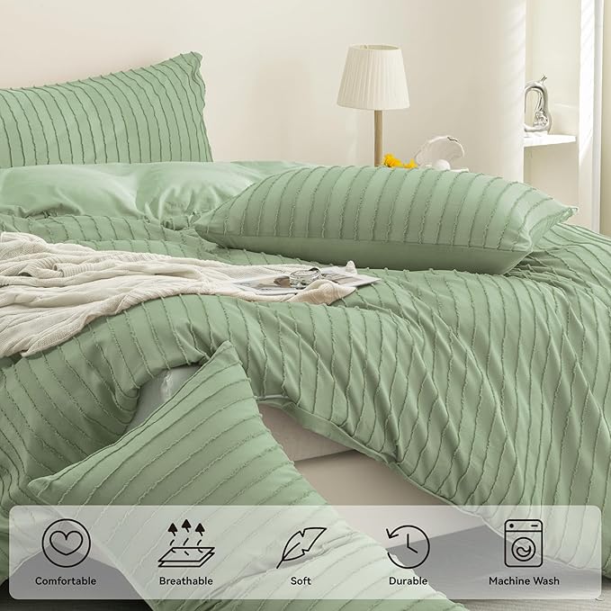 JELLYMONI Duvet Cover Queen Size Light Green - 3PCS Boho Striped Duvet Cover Set Polyester Tufted Bohemian Textured Comforter Cover 90×90in with Corner Ties & Zipper and 2 Pillowcases