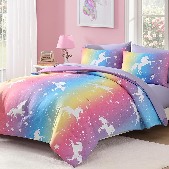Twin Comforter Set for Girls-5 Pieces Rainbow Unicorn Twin Bedding Sets for Kids, Ultra Soft Bed in A Bag with Sheets
