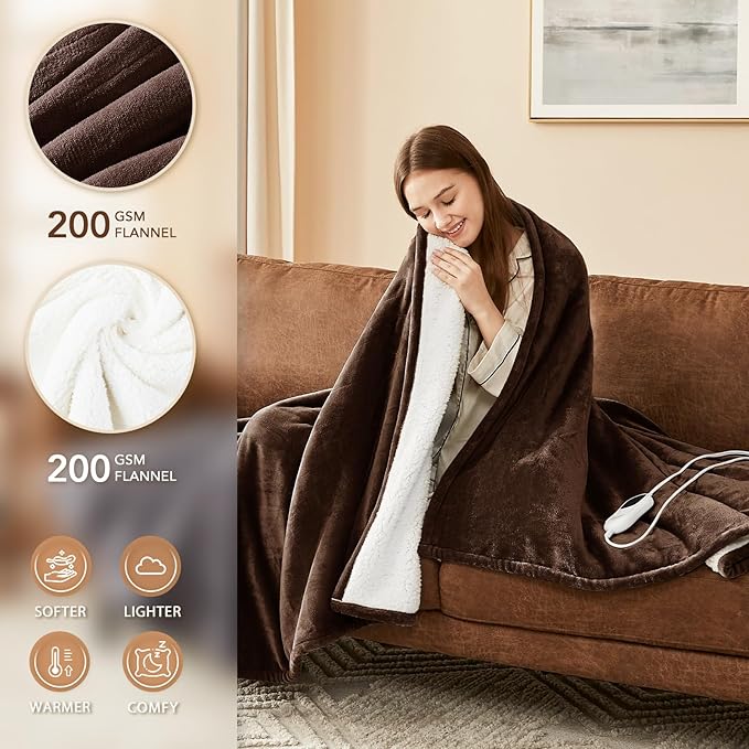 Homemate Electric Heated Blanket Queen Size - 84"x90" Heating Blanket Queen Size Dual Control 1/2/4/6/8 Hours Auto-Off 10 Heat Level Over-Heat Protection Flannel Sherpa ETL Certification