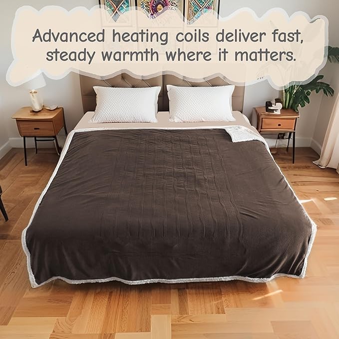 Electric Heated Blanket Queen Size 84"x90", Soft Flannel with Dual Controllers & Overheat Protection, 6 Adjustable Heat Settings & 10-Hour Auto-Off Timer, Fast Heating for Winter Comfort, Dark Brown