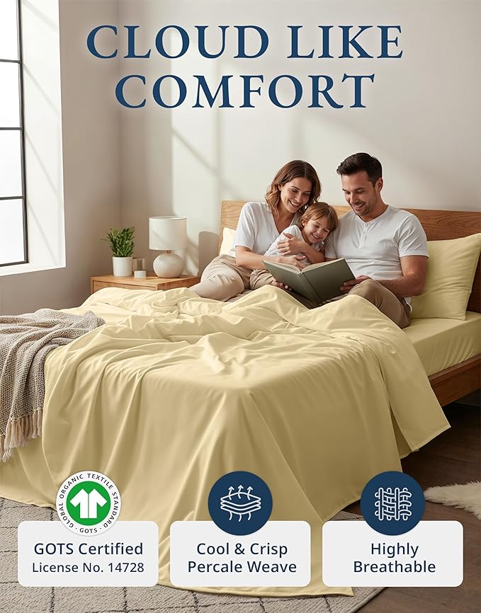 LANE LINEN 100% Organic Cotton Twin Bed Sheet Set, Soft, Comfy & Breathable Hotel Style Percale Bedding Sheets & Pillowcases Set, Mercerized Cotton Fully Elasticized Sheets Twin- Vanilla