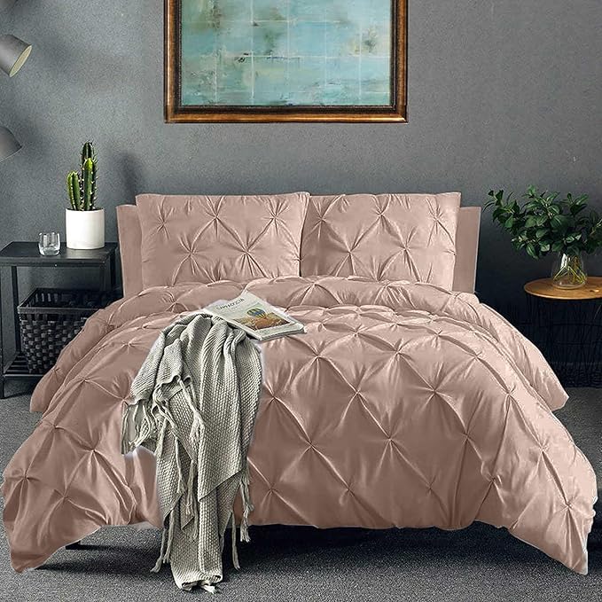 Pinch Pleated Duvet Cover Set 100% Cotton 3PC Alaska King Size 120x132 Duvet Cover Set, Decorative Pinch Design Taupe Duvet Cover with Matching Pillow Case