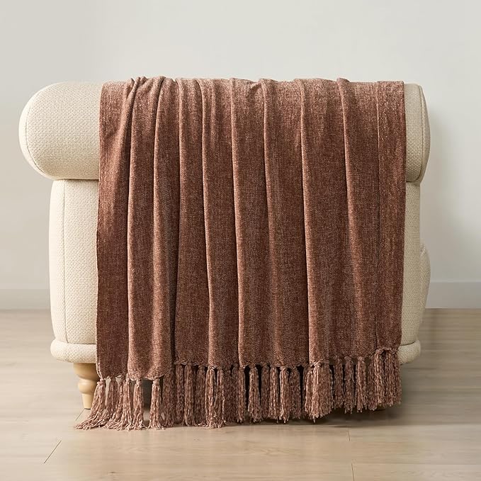 EVERGRACE Soft Chenille Throw Blanket for Couch, Cozy Plush Fuzzy Decorative Chenille Knit Throw Blanket with Tassels, Lightweight Blanket and Throws for Bed Sofa Gift Home Decor, Clay 60"x80"