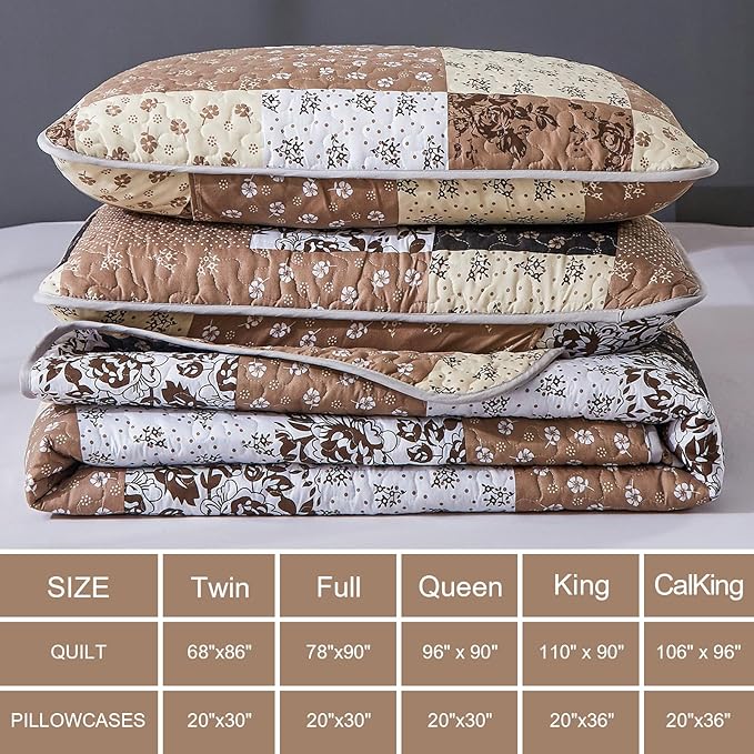 Mybedsoul Brown Quilt Set Twin Size, 2 Pieces Plaid Floral Bedspread Set Patchwork Reversible Bedding Set Microfiber Lightweight Bedspread Coverlet Set for All Season 68"x86"