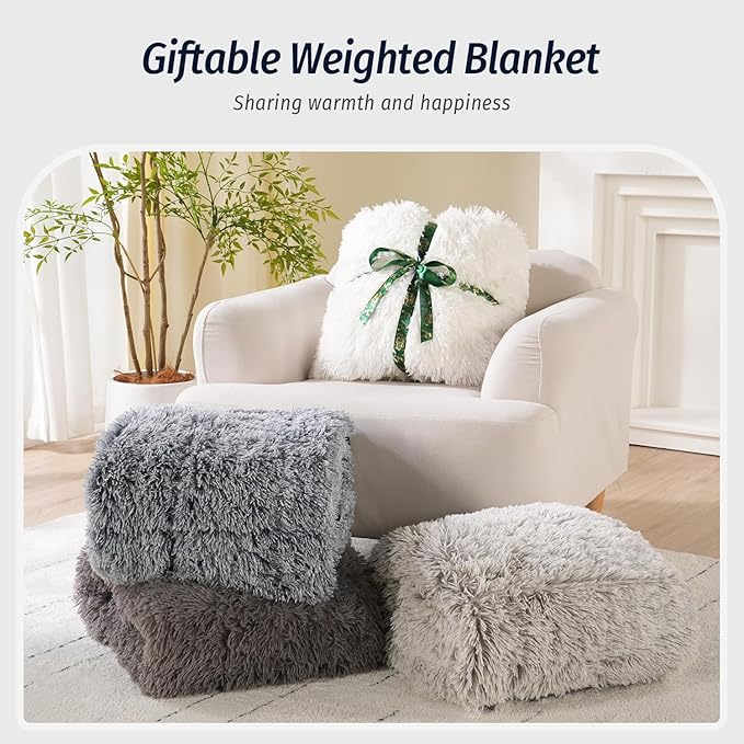 Wemore Shaggy Long Fur Faux Fur Weighted Blanket, Cozy and Fluffy Plush Sherpa Long Hair Blanket for Adult 15lbs, Fluffy Fuzzy Sherpa Reverse Heavy Blankets for Bed, Couch, Cream White, 80 x 87 Inches