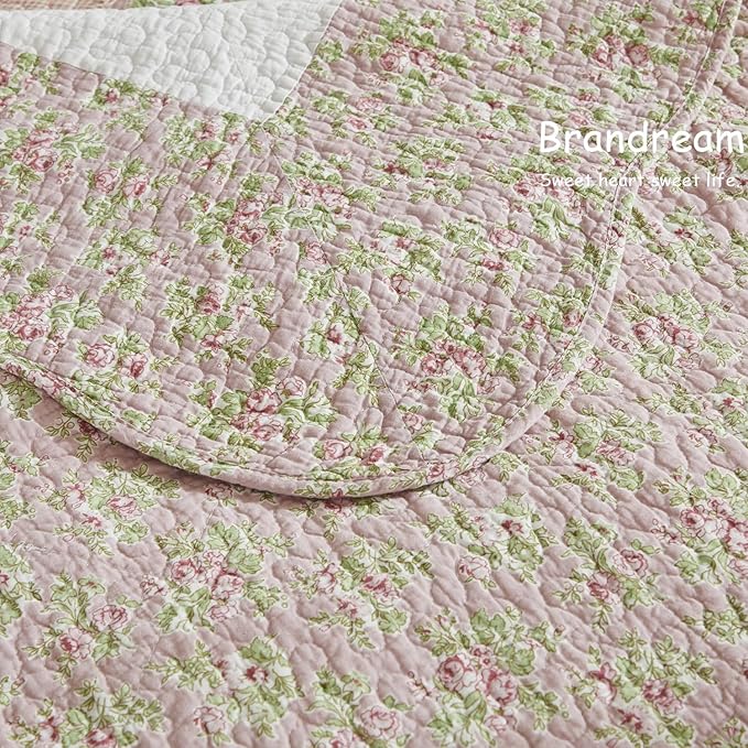 Brandream Queen Size Quilt Set Cotton Patchwork Quilts Blush Pink Country Floral Bedding Patchwork Quilted Comforter Set 3-Piece