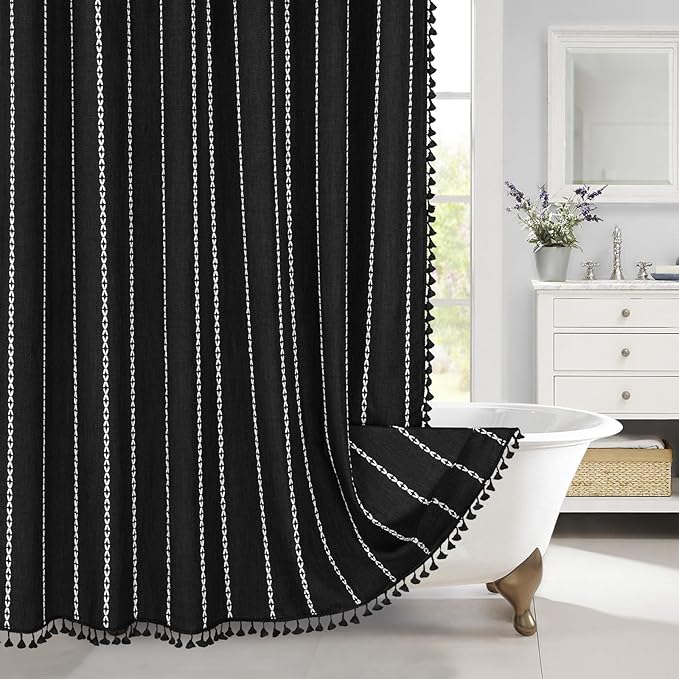 MitoVilla Boho Long Shower Curtain 72 x 78, Black Farmhouse 78 inch Long Polyester Linen Fabric Shower Curtains with Tassel for Chic Cottagecore French Rustic Bathroom Decor
