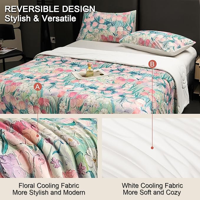 Cyusri Floral Print Cooling Comforter Set 3Pcs Breathable Cool King Size Bedding Set with 2 Pillowcases Pink Tulip Pattern Silky Cold Quilt, 108"x90"