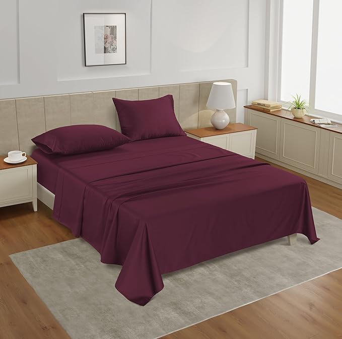 LANE LINEN 100% Cotton Twin XL Size Sheets Set - 3 Pieces - Ultra Soft Sateen Weave, 450 Thread Count - Breathable, Cooling, Durable, 15" Deep Pockets - Windsor Wine