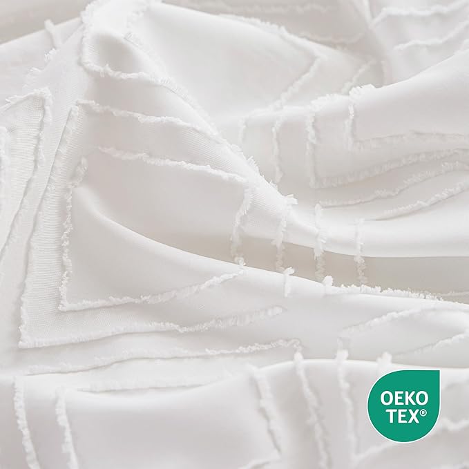 JELLYMONI Duvet Cover Queen Size White - 3PCS Boho Duvet Cover Set Plaid Polyester Tufted Bohemian Jacquard Knit Textured Comforter Cover 90×90in Rhombic Geometric Pattern Zipper Corner Tie