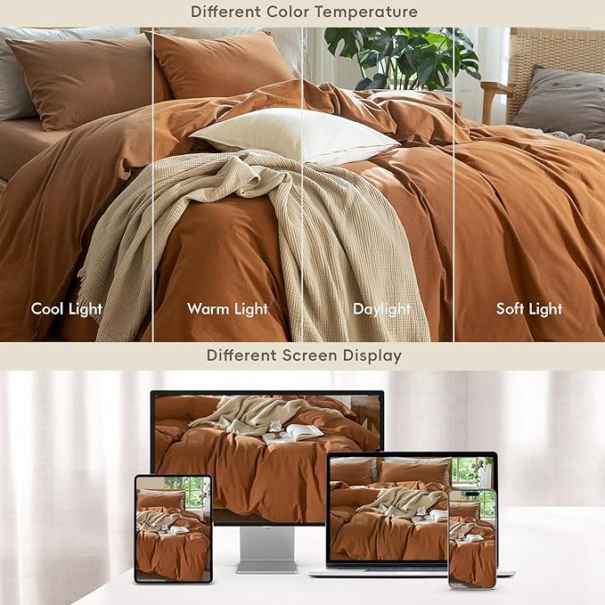 MooMee Bedding Duvet Cover Set 100% Washed Cotton Linen Like Textured Breathable Durable Soft Comfy (Solid Dark Orange, Oversized Queen 98"x98")
