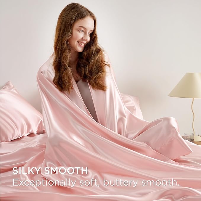 Bedsure Pink Satin Sheets Cal King Size - 4 Piece Silky Bedsheets with 15 Inches Deep Pocket Fitted Bedsheet,1 Flat Sheet, 2 Satin Pillowcases, Good for Hair & Skin (Cal King, Pink)