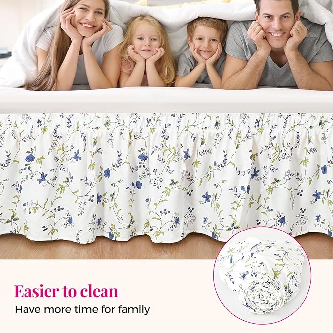 RIMELA Blue Berry Floral Bed Skirt Queen Size 15 Inch Drop, Elastic Bed Skirting for Bed Frame, Bedding Dust Ruffle Easy to Install, Lightweight Wrap Around Adjustable Bedskirt