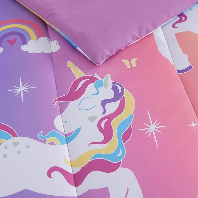 Full Size Comforter Set for Girls-4 Pieces Rainbow Unicorn Full Bedding Sets for Kids, 1 Comforter, 2 Shams and 1 Decor Pillow