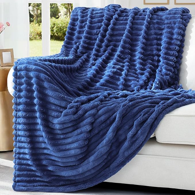 decorUhome Christmas Soft Fleece Navy Blue Blanket King Size for Bed, Cozy Fluffy Plush Flannel Large Striped Throws for Couch Sofa, Lightweight Decorative Fuzzy Blanket for Woman, 108x90 Inches