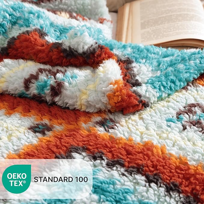 CASAAGUSTO Boho Sherpa Throw Blanket, Aztec Throw, Ultra Soft, Warm, Cozy, Plush, Thick Fleece Bohemian Throw Blanket for Couch, Bed, Sofa (Aqua 50 * 60 Inch)