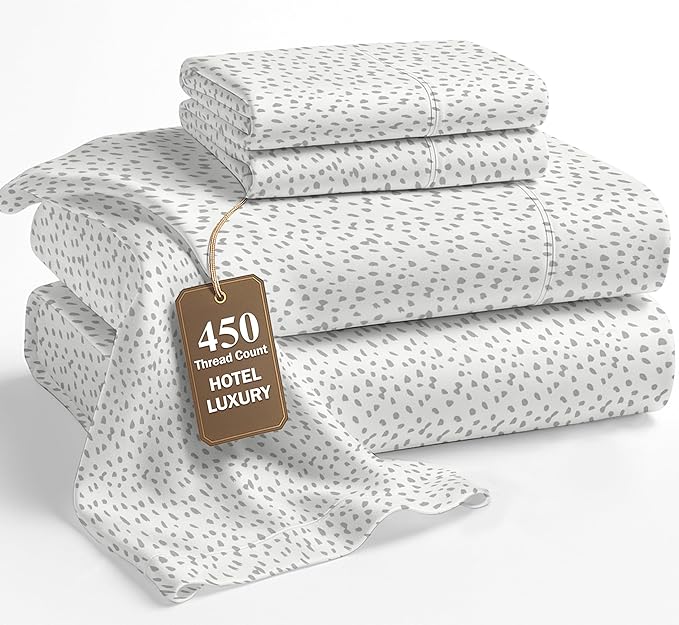 LANE LINEN Queen Sheet Set - 450 Thread Count Premium Soft Long Staple 100% Cotton Sheets, Hotel Luxury Sateen Silky Finish, Snug Fit 15" Deep Pocket, Low Pill, Machine Washable - Misty Dot
