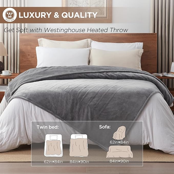 Westinghouse King Size Electric Heating Blanket, 10 Levels, Auto Shut Off, Fast Heating, Machine Washable (King, 100x90 Inches, Light Grey)