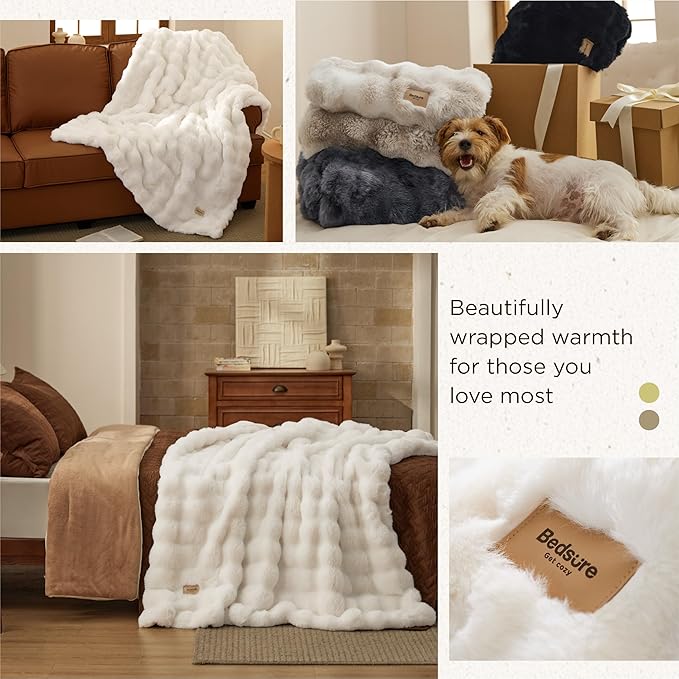Bedsure GentleSoft Fluffy Faux Fur Blanket Twin Size, Fuzzy Soft Bubble Blanket for Couch, Faux Fur Decor for Home Bedroom Living Room, Thick Furry Cozy Gifts for Women, Cream, 60x80 Inch