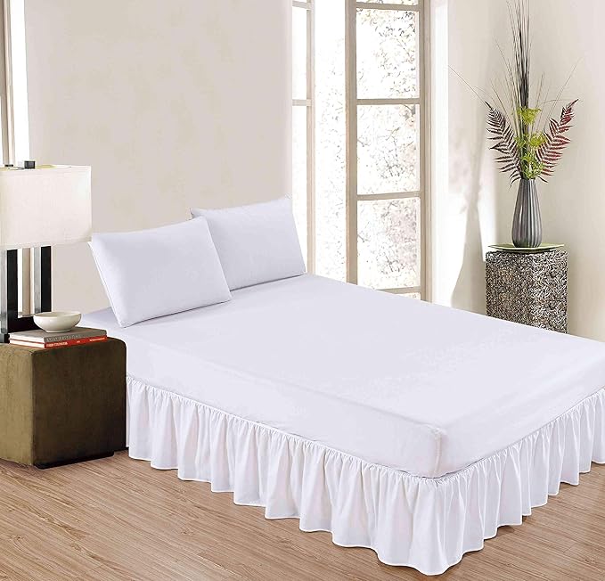 Sheets & Beyond Wrap Around Solid Microfiber Luxury Hotel Quality Fabric Bedroom Gathered Ruffled Bedding Bed Skirt 14 Inch Drop (King, White)