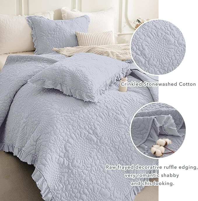QSH 3PCs Stonewashed Cotton Quilt King (110"x98"), Cornflower Blue Ruffled Quilt King Size Bedding Set, Ultra Lightweight Soft Crinkled Bedspread Coverlet King Shabby Farmhouse Chic Bedding Set