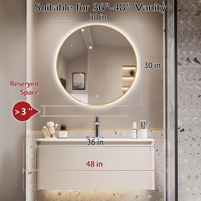 Niccy 30" LED Backlit Round Mirror for Bathroom, Gold Framed Vanity Light Wall Mirror LED Smart Circle Mirrors with 3 Lighting Colors, Dimmable Lighted Mirror with Anti-Fog, IP65 Waterproof