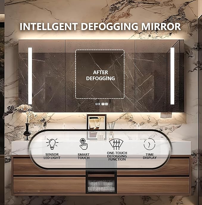 68IN Bathroom Vanity with Double Sink, Modern Bathroom Vanity with LED Smart Defog Mirror Cabinet & Integrated Ceramic Sink, Floating Vanities with Drawers and Glass Cabinet Door (Grey Wood)